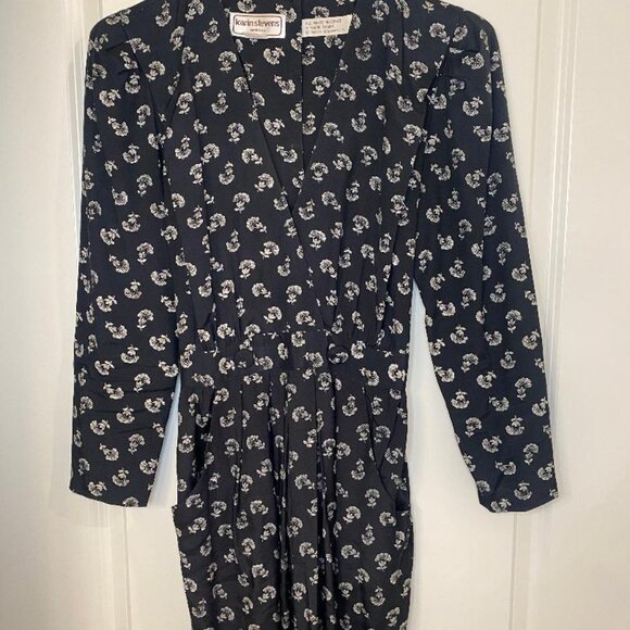 Vintage 80s Karin Stevens Dress Petite 6P Black Floral Puff Sleeve Dress - Picture 3 of 10